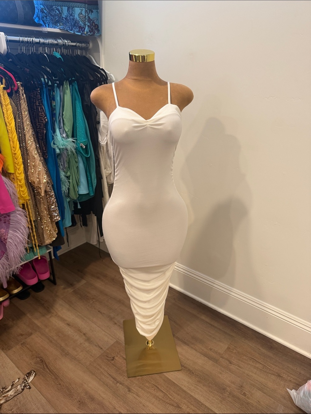 Women’s White Ruched Slip Midi Dress